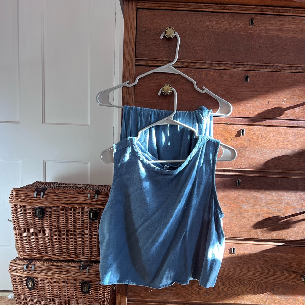 Anrabess two-piece linen/rayon set in gray-blue NWOT